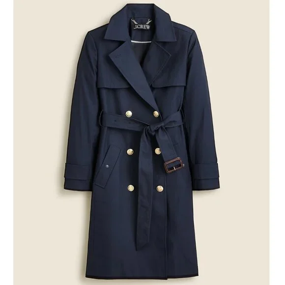 J. Crew Navy Icon Double-Breasted Belted Hooded Cotton Petite Trench Coat SZ 2P - Picture 1 of 13